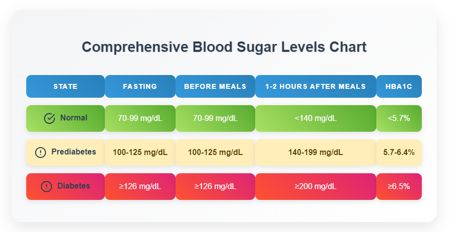 Normal, Diabetes, & Pre-Diabetes Blood Sugar Levels Chart