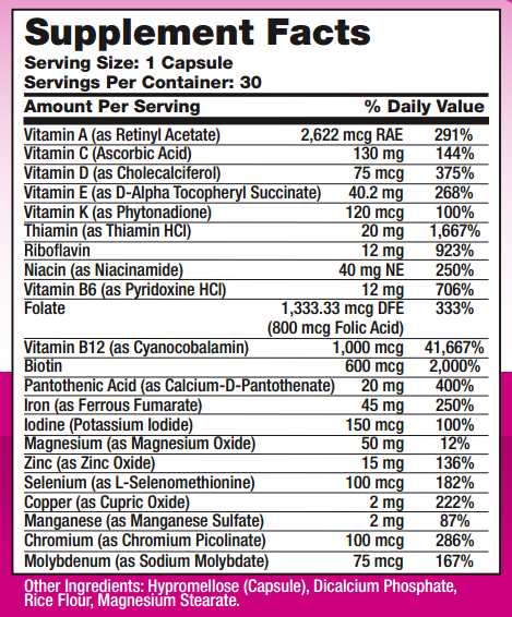 AmBari Nutrition's Bariatric One A Day with Iron Supplement Facts