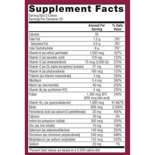 Bariatric Advantage's Multi Chewy Bites Strawberry Watermelon Supplement Facts