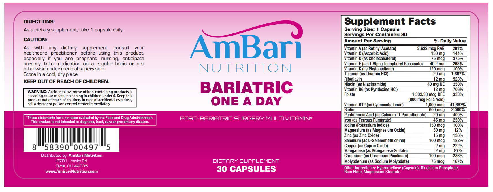Bariatric One A Day Multivitamin with Iron Entire Bottle Label
