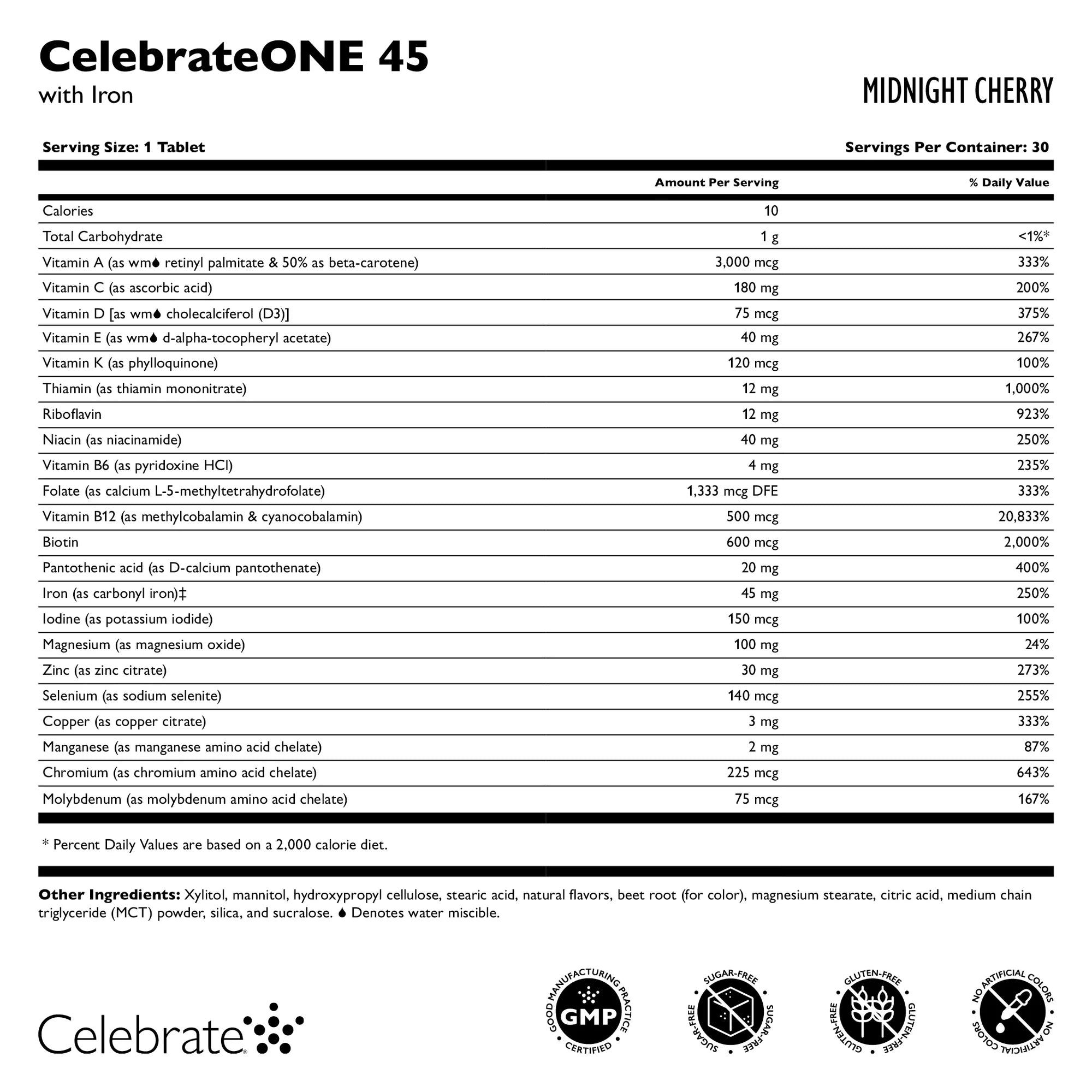 CelebrateONE 45 with Iron Multivitamin Midnight Cherry Nutrition Facts