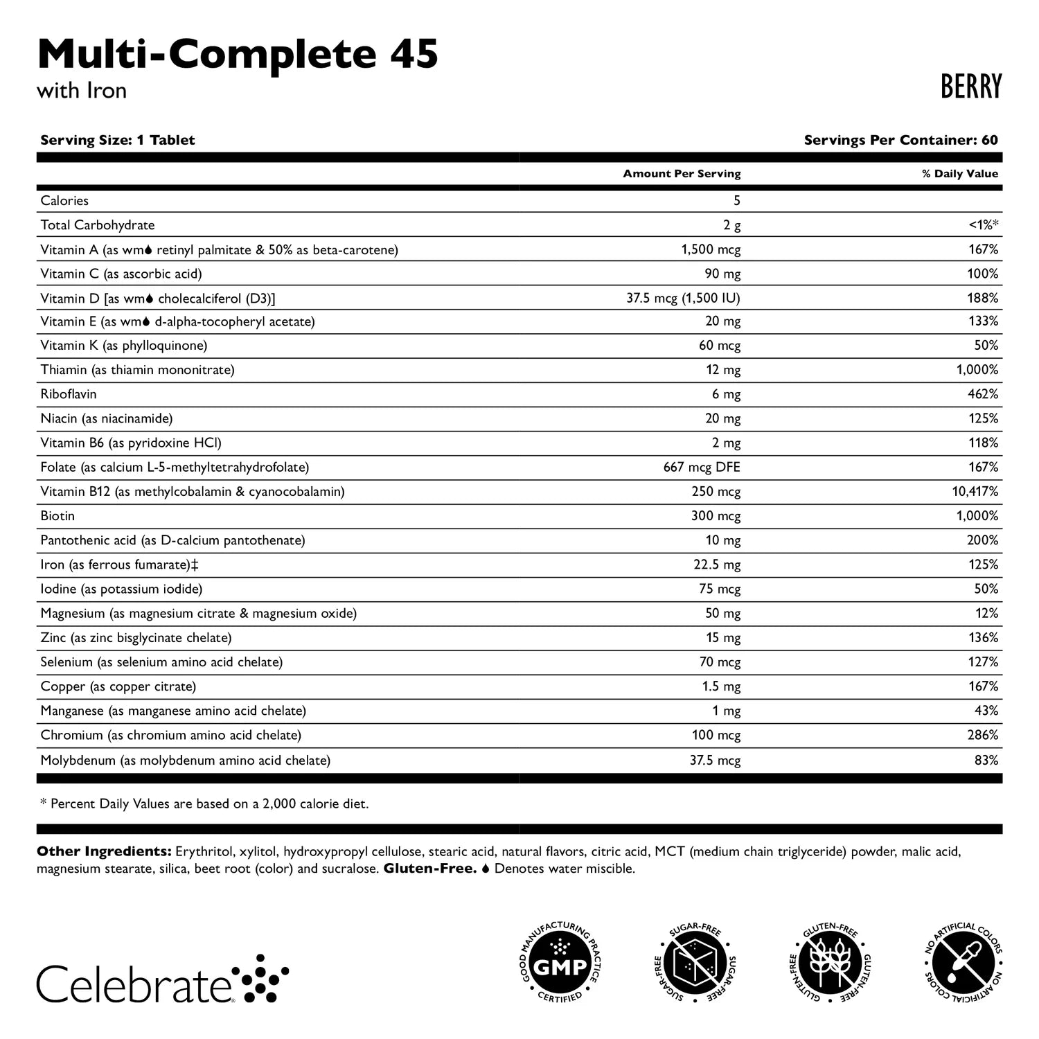 Celebrate Multi Complete 45 with Iron Chewables Nutrition Facts