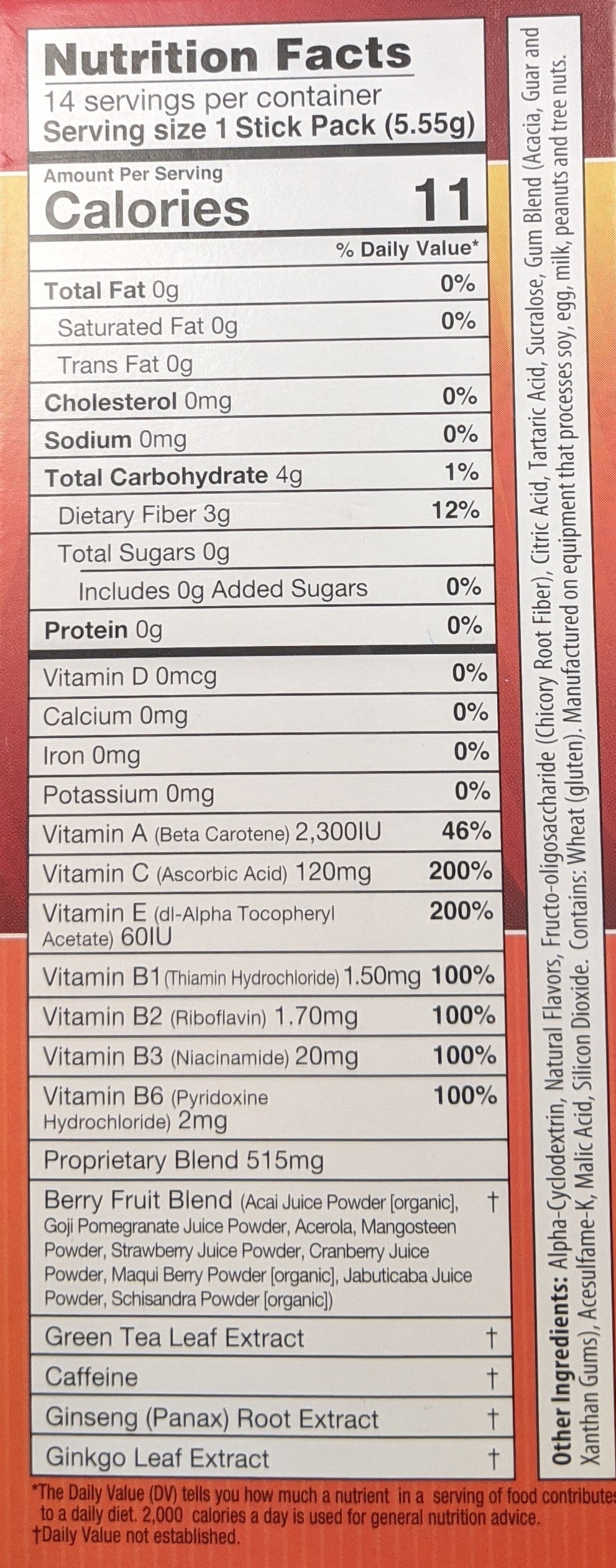 meta booster Thermogenic antioxidant drink mix nutrition facts